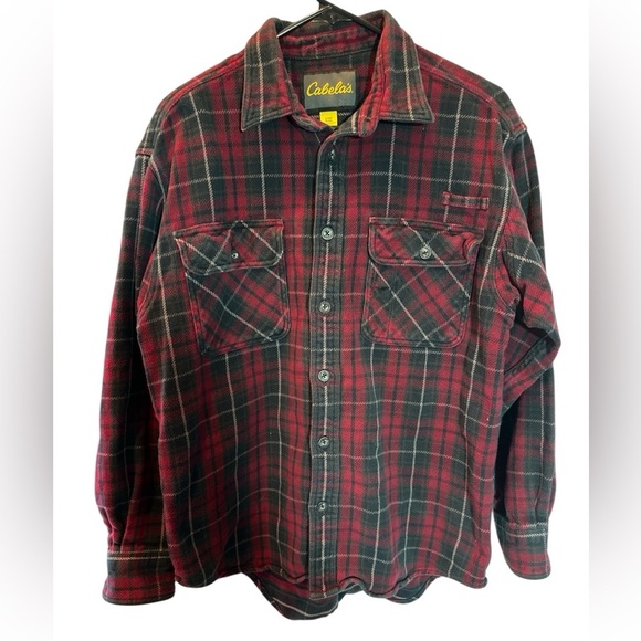 CABELAS Heavy Cotton Red/Black Plaid Flannel Shirt Jacket Shacket Sz Lg - Picture 1 of 5